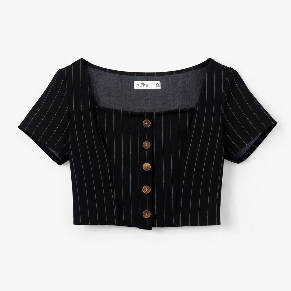 Hollister Black Pinstripe Button Front Crop Top | Women’s XS - Picture 2 of 3